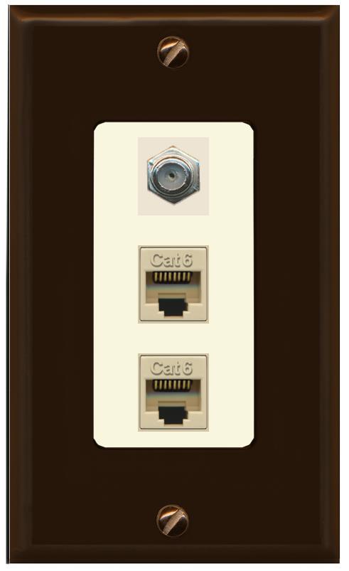 RiteAV 2 Port Cat6-Ethernet 1 Coax Cable TV Jack Decorative Wall Plate - 1 Gang [Brown/Light-Almond]