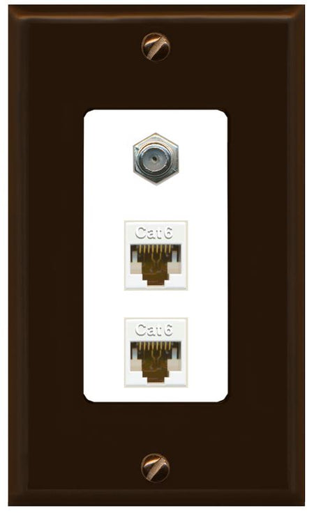 RiteAV 2 Port Cat6-Ethernet 1 Coax Cable TV Jack Decorative Wall Plate - 1 Gang [Brown/White]