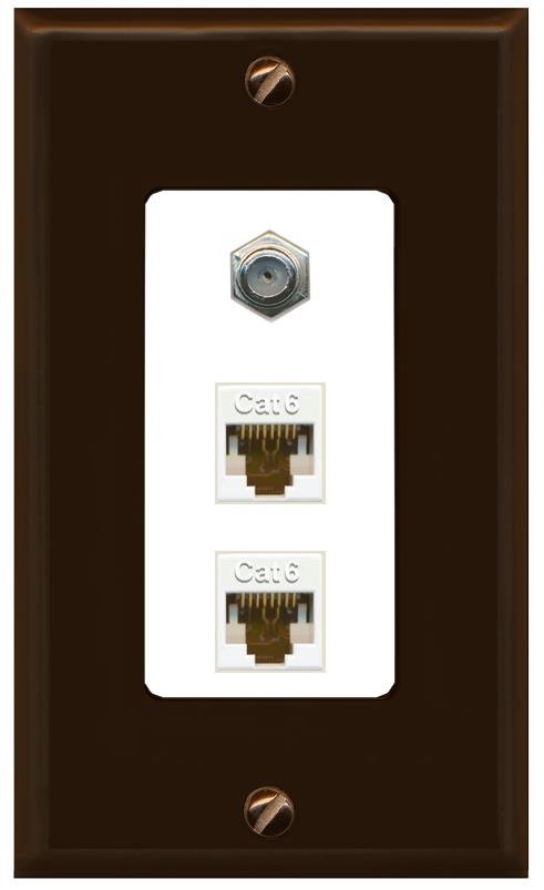 RiteAV 2 Port Cat6-Ethernet 1 Coax Cable TV Jack Decorative Wall Plate - 1 Gang [Brown/White]