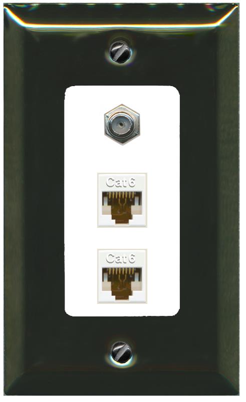 RiteAV 2 Port Cat6-Ethernet 1 Coax Cable TV Jack Decorative Wall Plate - 1 Gang [Brass/White]