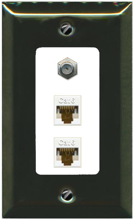 RiteAV 2 Port Cat6-Ethernet 1 Coax Cable TV Jack Decorative Wall Plate - 1 Gang [Brass/White]