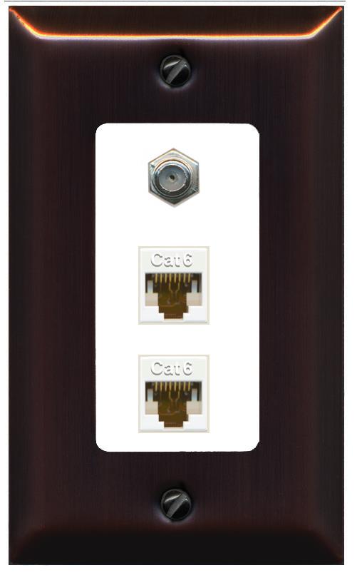 RiteAV 2 Port Cat6-Ethernet 1 Coax Cable TV Jack Decorative Wall Plate - 1 Gang [Bronze/White]