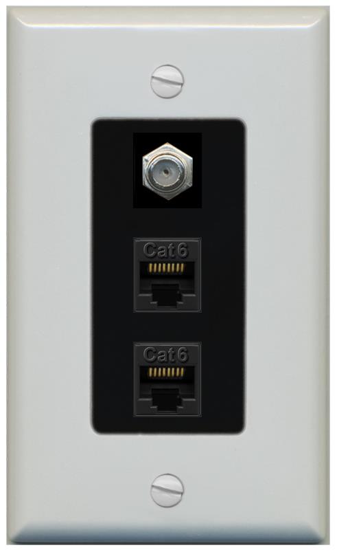 RiteAV 2 Port Cat6-Ethernet 1 Coax Cable TV Jack Decorative Wall Plate - 1 Gang [Gray/Black]