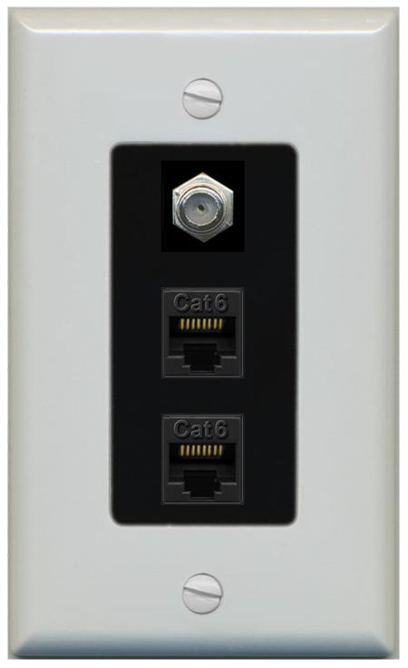 RiteAV 2 Port Cat6-Ethernet 1 Coax Cable TV Jack Decorative Wall Plate - 1 Gang [Gray/Black]