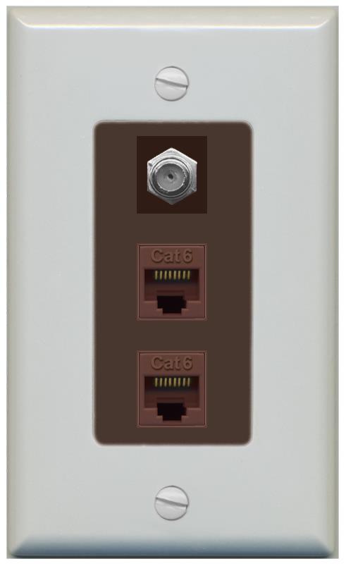 RiteAV 2 Port Cat6-Ethernet 1 Coax Cable TV Jack Decorative Wall Plate - 1 Gang [Gray/Brown]