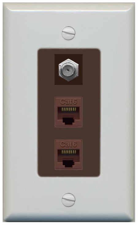 RiteAV 2 Port Cat6-Ethernet 1 Coax Cable TV Jack Decorative Wall Plate - 1 Gang [Gray/Brown]