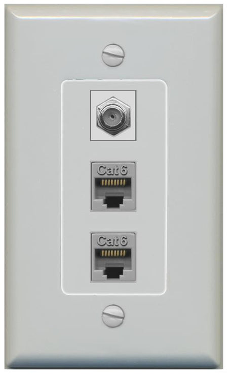 RiteAV 2 Port Cat6-Ethernet 1 Coax Cable TV Jack Decorative Wall Plate - 1 Gang [Gray/Gray]