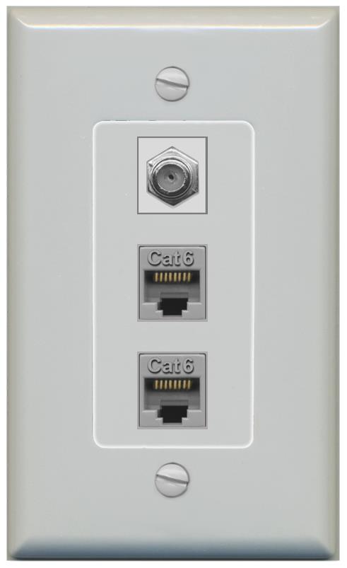 RiteAV 2 Port Cat6-Ethernet 1 Coax Cable TV Jack Decorative Wall Plate - 1 Gang [Gray/Gray]