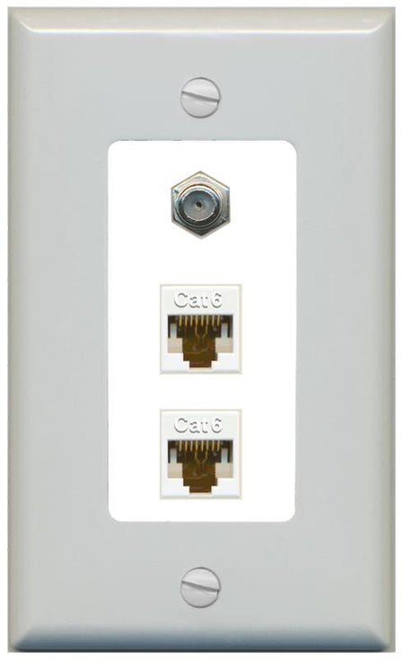 RiteAV 2 Port Cat6-Ethernet 1 Coax Cable TV Jack Decorative Wall Plate - 1 Gang [Gray/White]