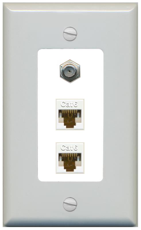 RiteAV 2 Port Cat6-Ethernet 1 Coax Cable TV Jack Decorative Wall Plate - 1 Gang [Gray/White]