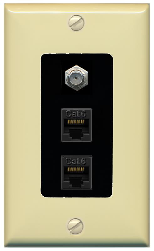 RiteAV 2 Port Cat6-Ethernet 1 Coax Cable TV Jack Decorative Wall Plate - 1 Gang [Ivory/Black]