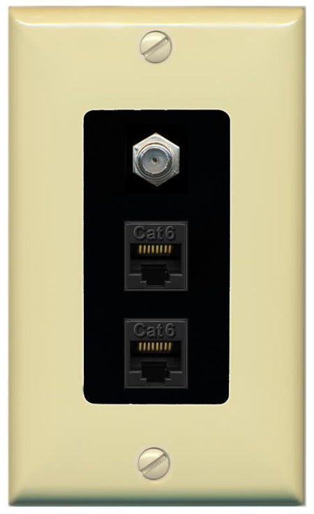 RiteAV 2 Port Cat6-Ethernet 1 Coax Cable TV Jack Decorative Wall Plate - 1 Gang [Ivory/Black]