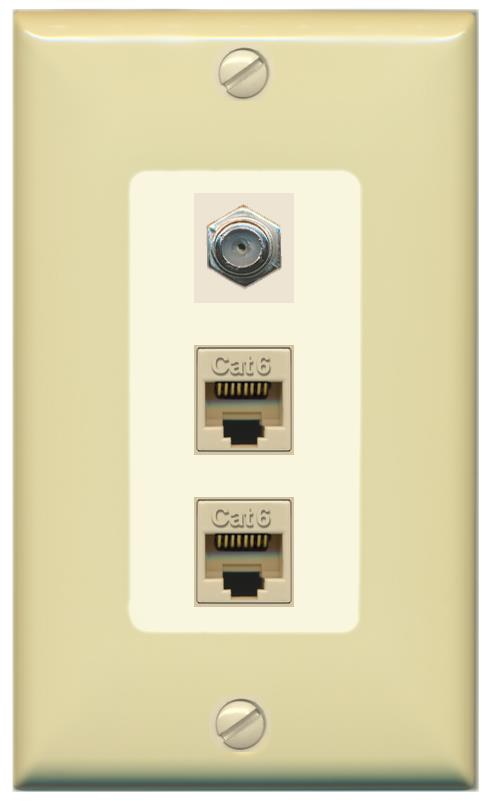 RiteAV 2 Port Cat6-Ethernet 1 Coax Cable TV Jack Decorative Wall Plate - 1 Gang [Ivory/Light-Almond]