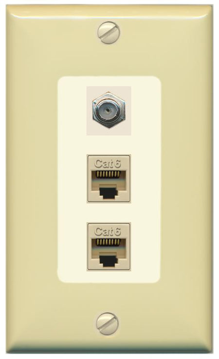RiteAV 2 Port Cat6-Ethernet 1 Coax Cable TV Jack Decorative Wall Plate - 1 Gang [Ivory/Light-Almond]