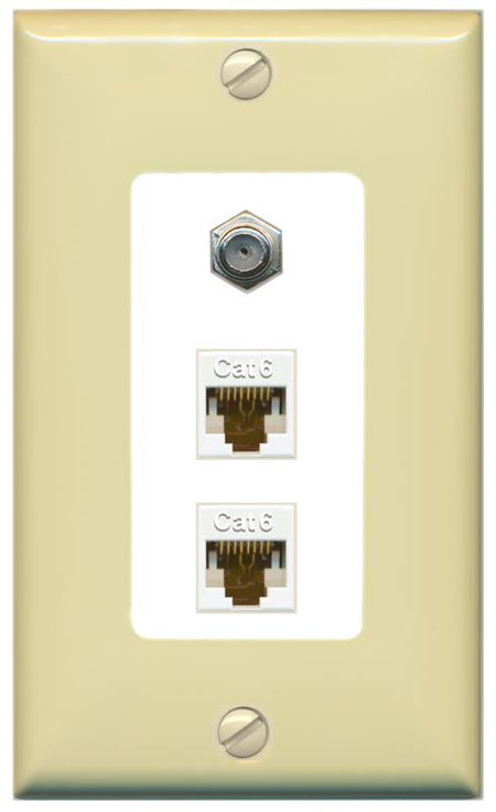 RiteAV 2 Port Cat6-Ethernet 1 Coax Cable TV Jack Decorative Wall Plate - 1 Gang [Ivory/White]