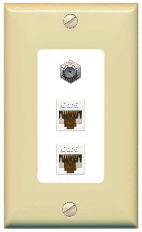 RiteAV 2 Port Cat6-Ethernet 1 Coax Cable TV Jack Decorative Wall Plate - 1 Gang [Ivory/White]