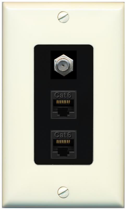 RiteAV 2 Port Cat6-Ethernet 1 Coax Cable TV Jack Decorative Wall Plate - 1 Gang [Light-Almond/Black]