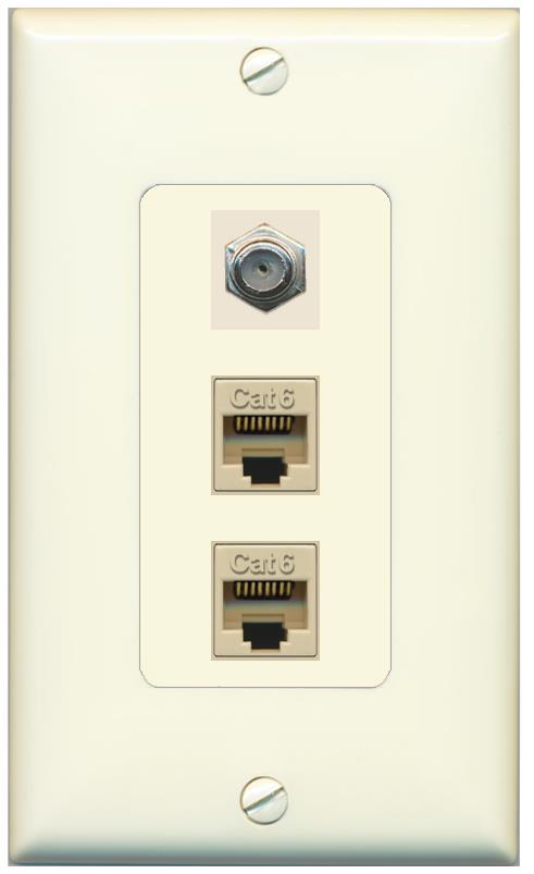 RiteAV 2 Port Cat6-Ethernet 1 Coax Cable TV Jack Decorative Wall Plate - 1 Gang [Light-Almond]