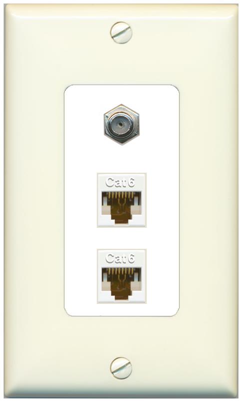 RiteAV 2 Port Cat6-Ethernet 1 Coax Cable TV Jack Decorative Wall Plate - 1 Gang [Light-Almond/White]