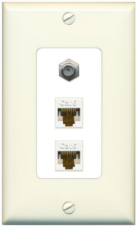 RiteAV 2 Port Cat6-Ethernet 1 Coax Cable TV Jack Decorative Wall Plate - 1 Gang [Light-Almond/White]