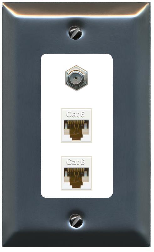 RiteAV 2 Port Cat6-Ethernet 1 Coax Cable TV Jack Decorative Wall Plate - 1 Gang [Brushed-Nickel/White]