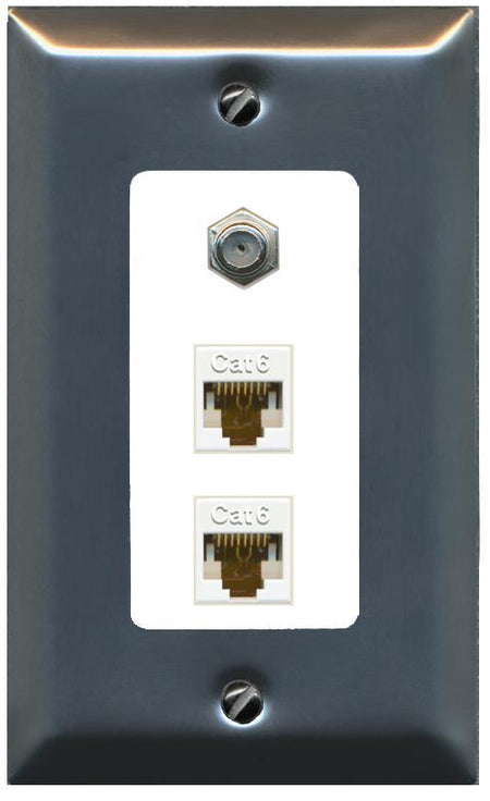RiteAV 2 Port Cat6-Ethernet 1 Coax Cable TV Jack Decorative Wall Plate - 1 Gang [Brushed-Nickel/White]