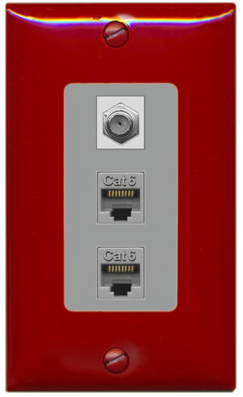 RiteAV 2 Port Cat6-Ethernet 1 Coax Cable TV Jack Decorative Wall Plate - 1 Gang [Red/Gray]
