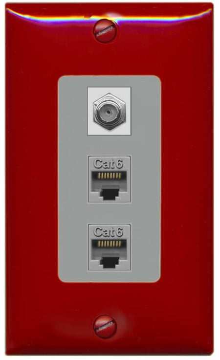 RiteAV 2 Port Cat6-Ethernet 1 Coax Cable TV Jack Decorative Wall Plate - 1 Gang [Red/Gray]