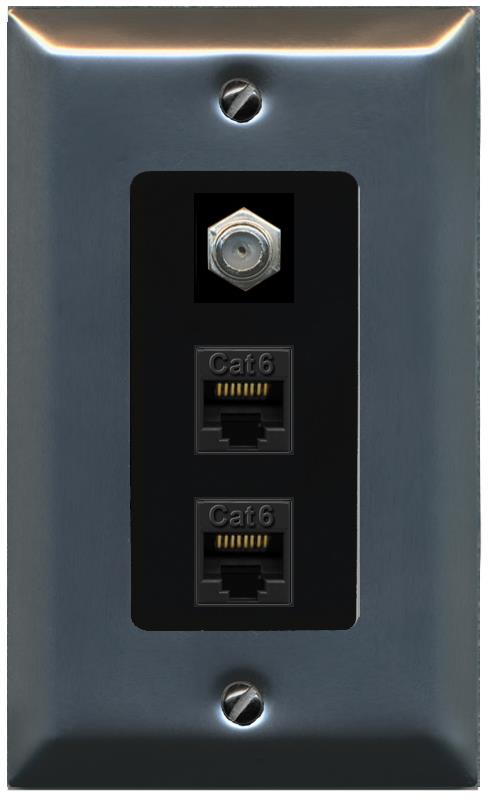 RiteAV 2 Port Cat6-Ethernet 1 Coax Cable TV Jack Decorative Wall Plate - 1 Gang [Stainless/Black]