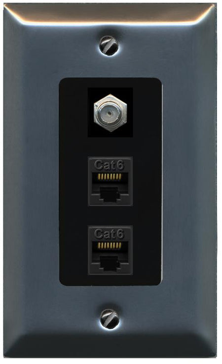 RiteAV 2 Port Cat6-Ethernet 1 Coax Cable TV Jack Decorative Wall Plate - 1 Gang [Stainless/Black]