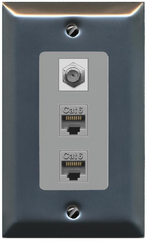 RiteAV 2 Port Cat6-Ethernet 1 Coax Cable TV Jack Decorative Wall Plate - 1 Gang [Stainless/Gray]