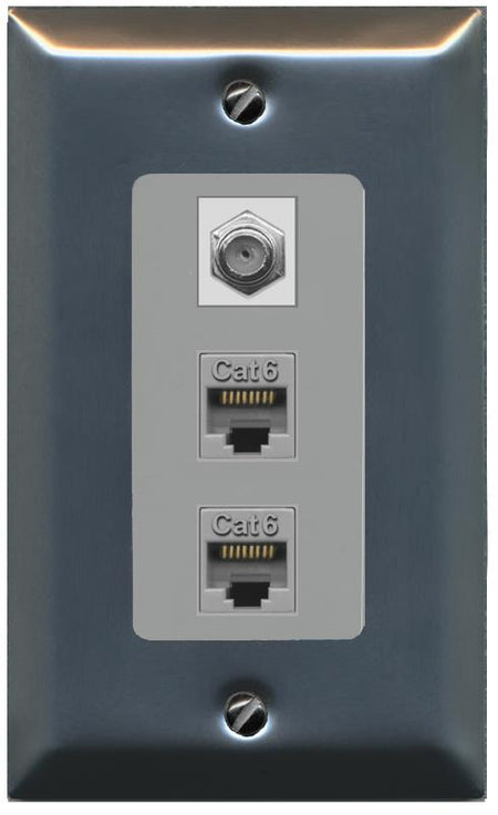 RiteAV 2 Port Cat6-Ethernet 1 Coax Cable TV Jack Decorative Wall Plate - 1 Gang [Stainless/Gray]