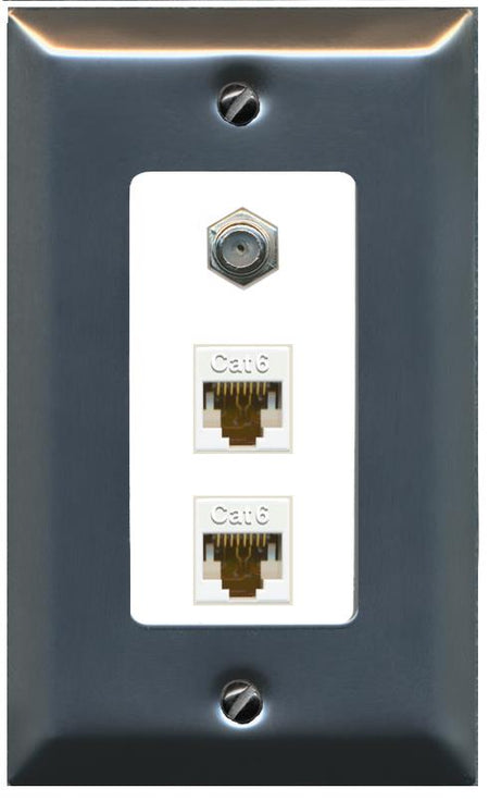 RiteAV 2 Port Cat6-Ethernet 1 Coax Cable TV Jack Decorative Wall Plate - 1 Gang [Stainless/White]
