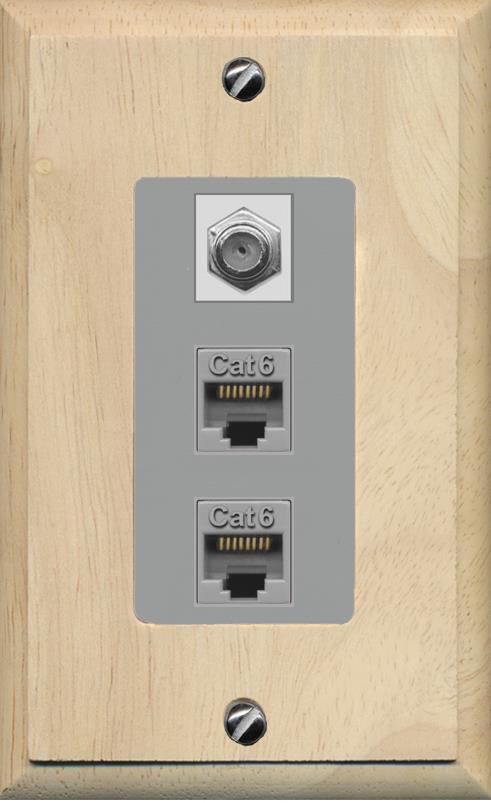RiteAV 2 Port Cat6-Ethernet 1 Coax Cable TV Jack Decorative Wall Plate - 1 Gang [Wood/Gray]
