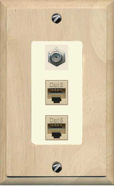 RiteAV 2 Port Cat6-Ethernet 1 Coax Cable TV Jack Decorative Wall Plate - 1 Gang [Wood/Light-Almond]