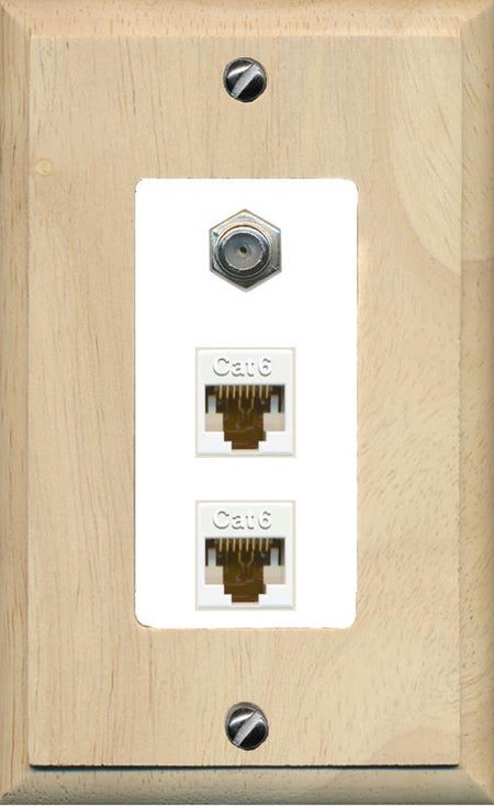 RiteAV 2 Port Cat6-Ethernet 1 Coax Cable TV Jack Decorative Wall Plate - 1 Gang [Wood/White]
