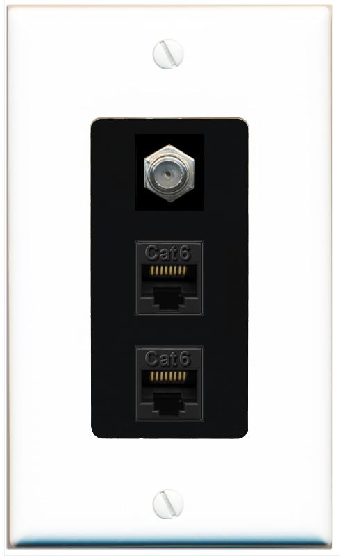 RiteAV 2 Port Cat6-Ethernet 1 Coax Cable TV Jack Decorative Wall Plate - 1 Gang [White/Black]