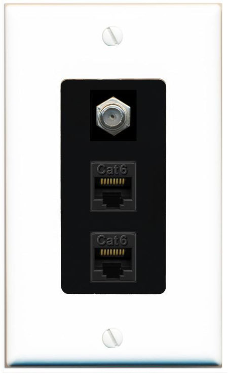 RiteAV 2 Port Cat6-Ethernet 1 Coax Cable TV Jack Decorative Wall Plate - 1 Gang [White/Black]
