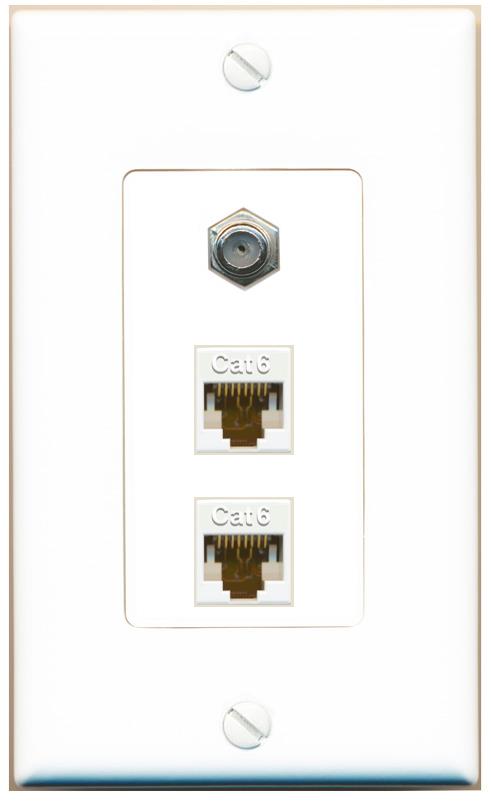 RiteAV 2 Port Cat6-Ethernet 1 Coax Cable TV Jack Decorative Wall Plate - 1 Gang [White]