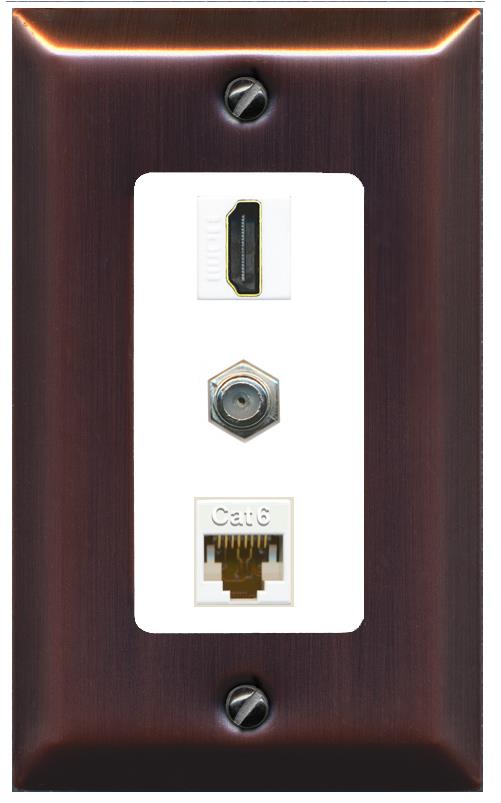 RiteAV 1 Port Coax Cat6-Ethernet HDMI Wall Plate - 1 Gang [Brushed-Copper/White]