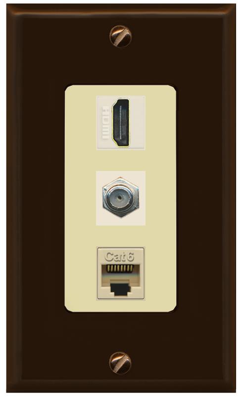 RiteAV 1 Port Coax Cat6-Ethernet HDMI Wall Plate - 1 Gang [Brown/Ivory]