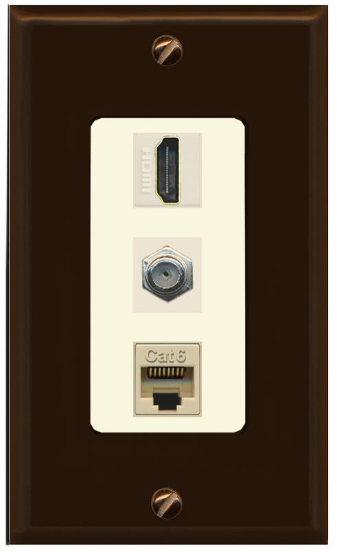 RiteAV 1 Port Coax Cat6-Ethernet HDMI Wall Plate - 1 Gang [Brown/Light-Almond]