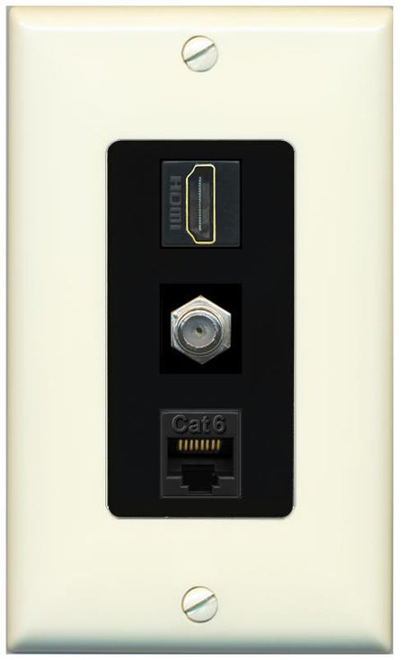 RiteAV 1 Port Coax Cat6-Ethernet HDMI Wall Plate - 1 Gang [Light-Almond/Black]