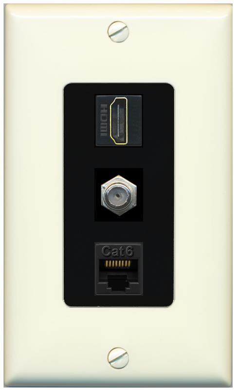 RiteAV 1 Port Coax Cat6-Ethernet HDMI Wall Plate - 1 Gang [Light-Almond/Black]