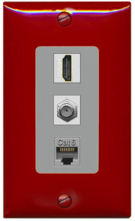 RiteAV 1 Port Coax Cat6-Ethernet HDMI Wall Plate - 1 Gang [Red/Gray]
