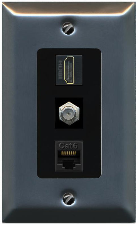 RiteAV 1 Port Coax Cat6-Ethernet HDMI Wall Plate - 1 Gang [Stainless/Black]