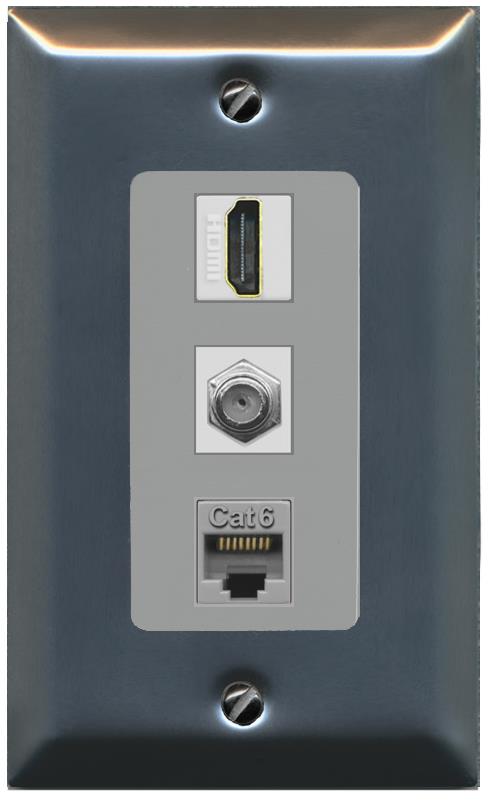 RiteAV 1 Port Coax Cat6-Ethernet HDMI Wall Plate - 1 Gang [Stainless/Gray]