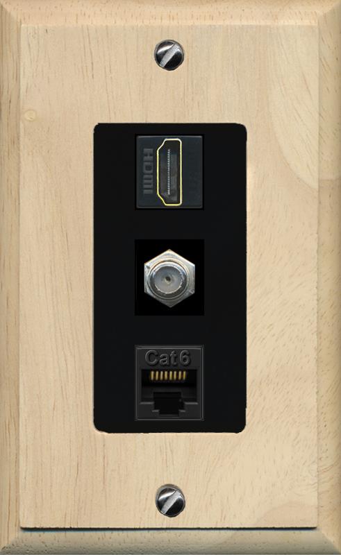 RiteAV 1 Port Coax Cat6-Ethernet HDMI Wall Plate - 1 Gang [Wood/Black]