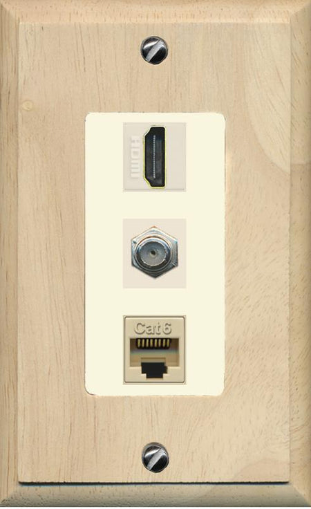 RiteAV 1 Port Coax Cat6-Ethernet HDMI Wall Plate - 1 Gang [Wood/Light-Almond]