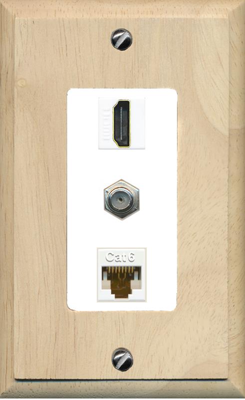 RiteAV 1 Port Coax Cat6-Ethernet HDMI Wall Plate - 1 Gang [Wood/White]